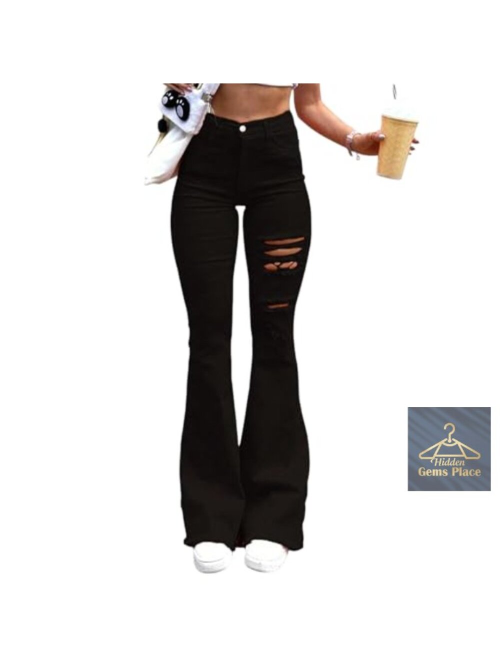 High Waisted Ripped Bootcut Flare Jeans for Women Stretchy Bell Bottom